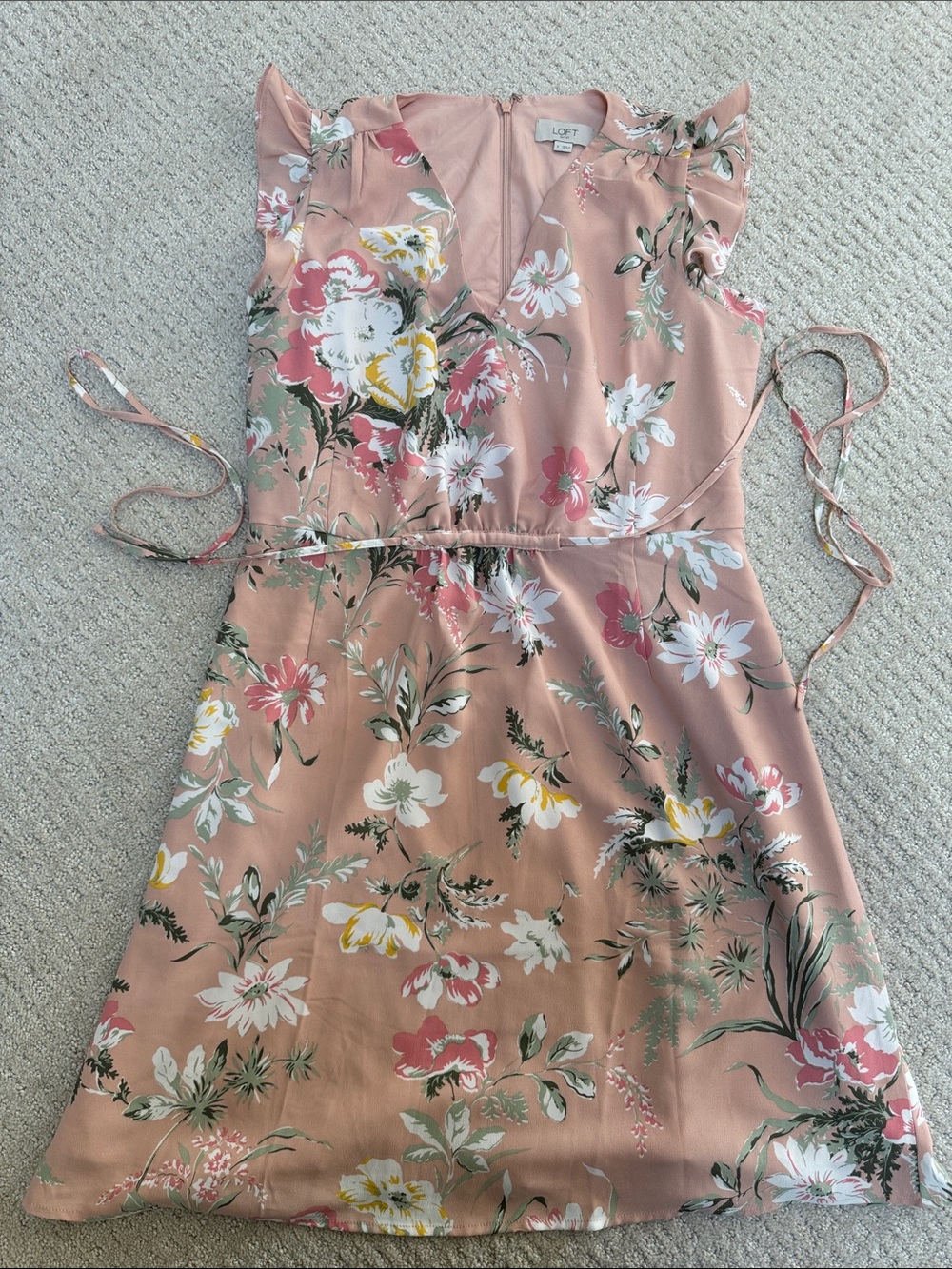 LOFT Blush Pink Floral Tie-Waist Mini Dress